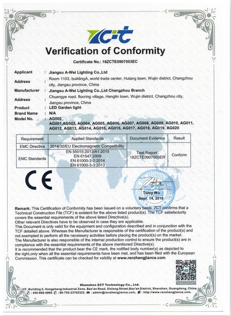 China Jiangsu A-wei Lighting Co., Ltd. certificaciones